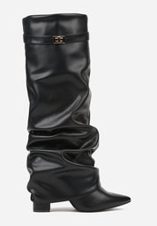 Black pleated block heel boots