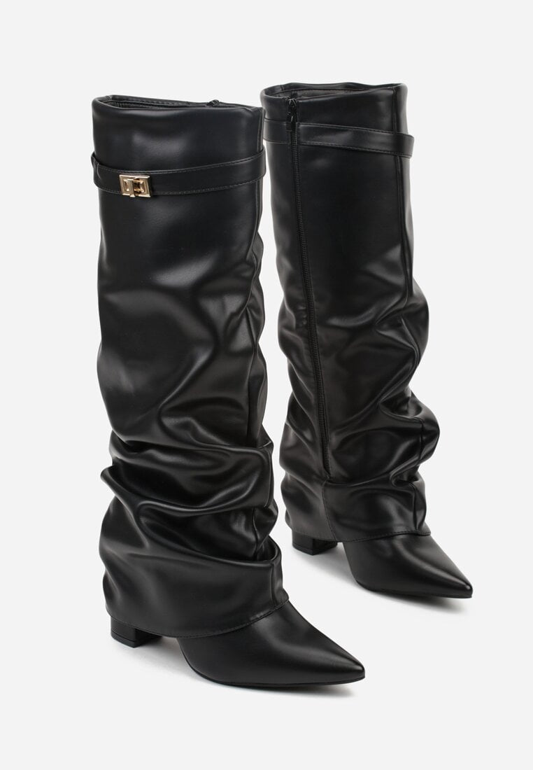 Black pleated block heel boots