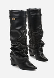 Black pleated block heel boots