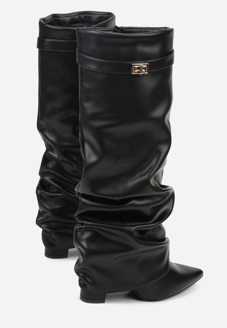 Black pleated block heel boots