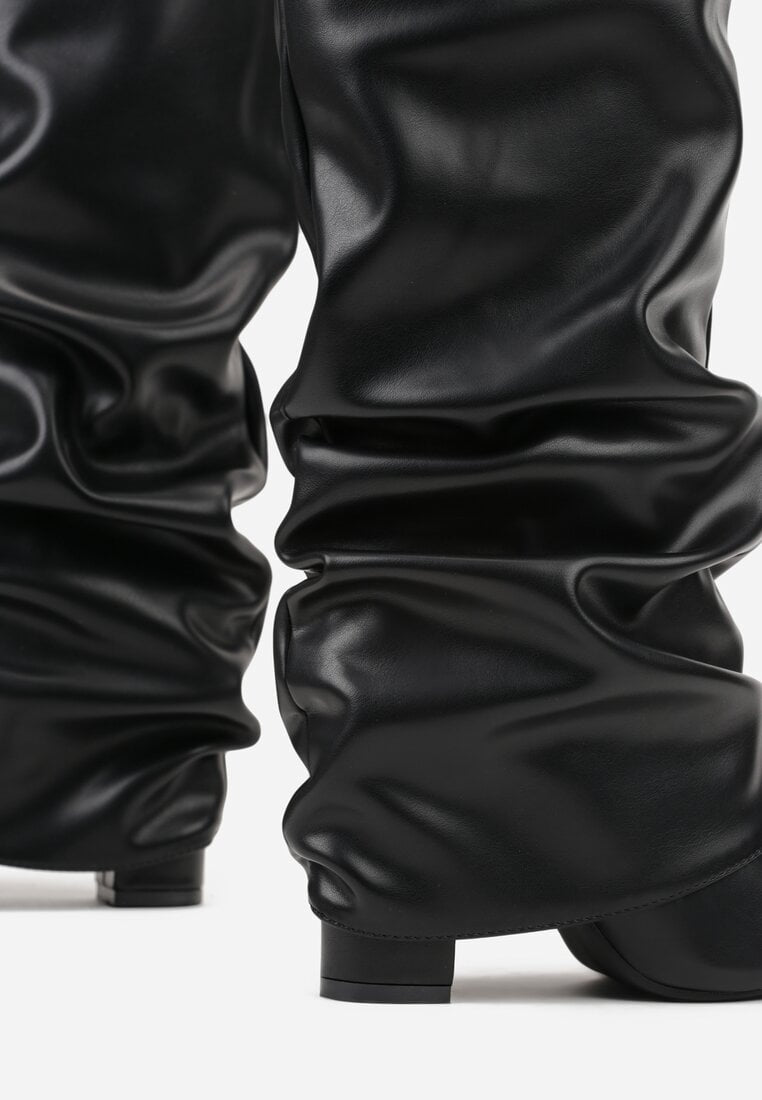 Black pleated block heel boots