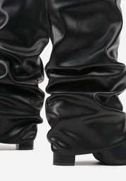 Black pleated block heel boots