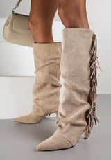 Khaki boots with a thin heel