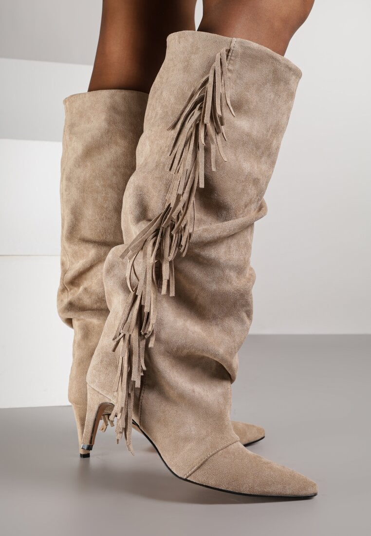 Khaki boots with a thin heel
