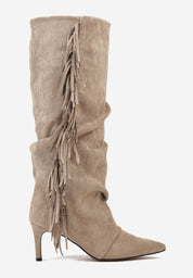 Khaki boots with a thin heel