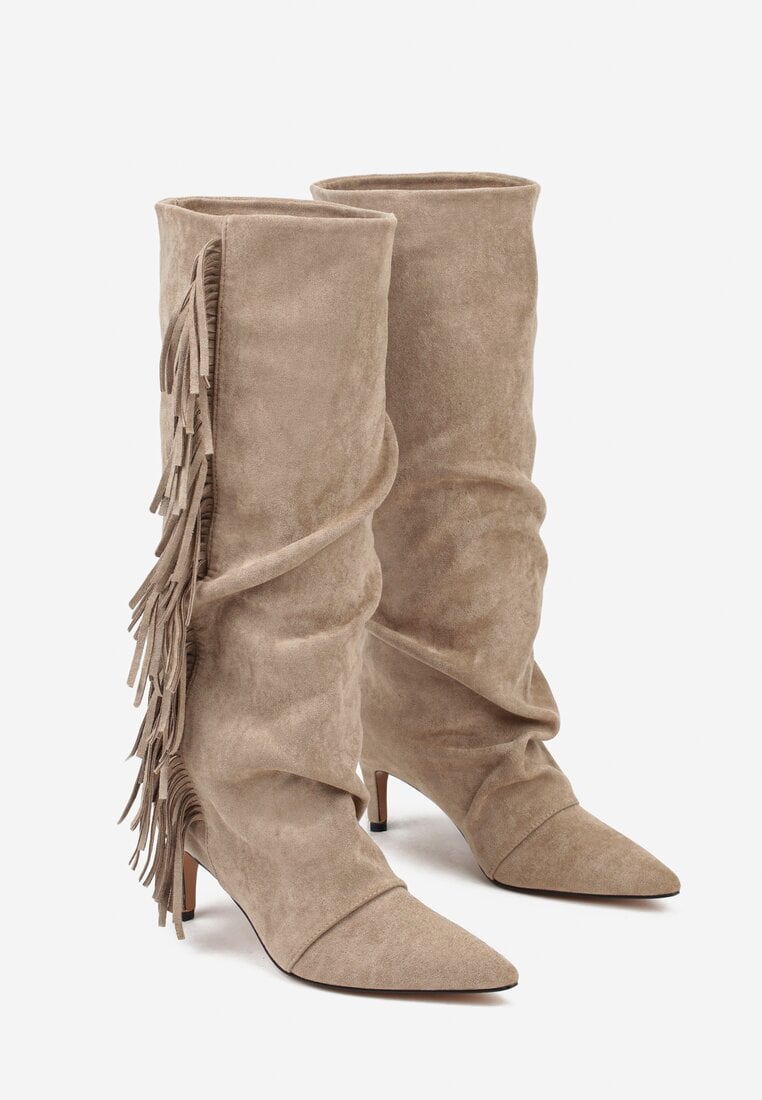Khaki boots with a thin heel