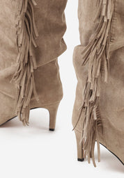 Khaki boots with a thin heel