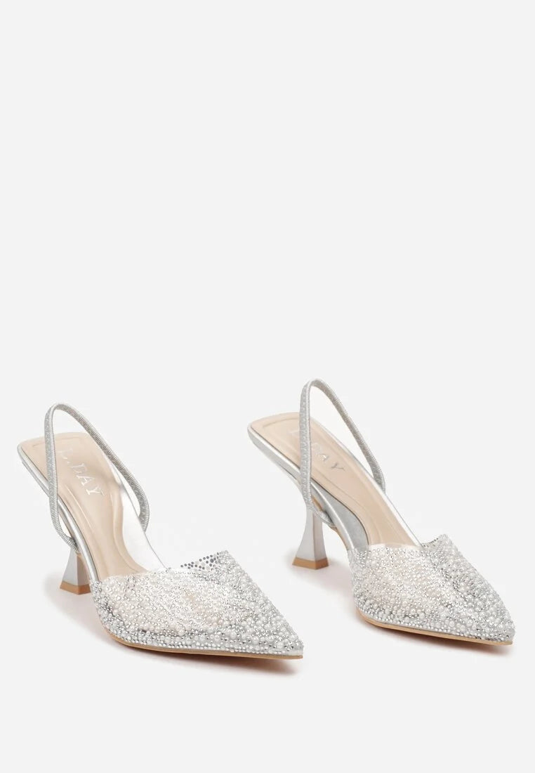 Silver heels on a thin heel