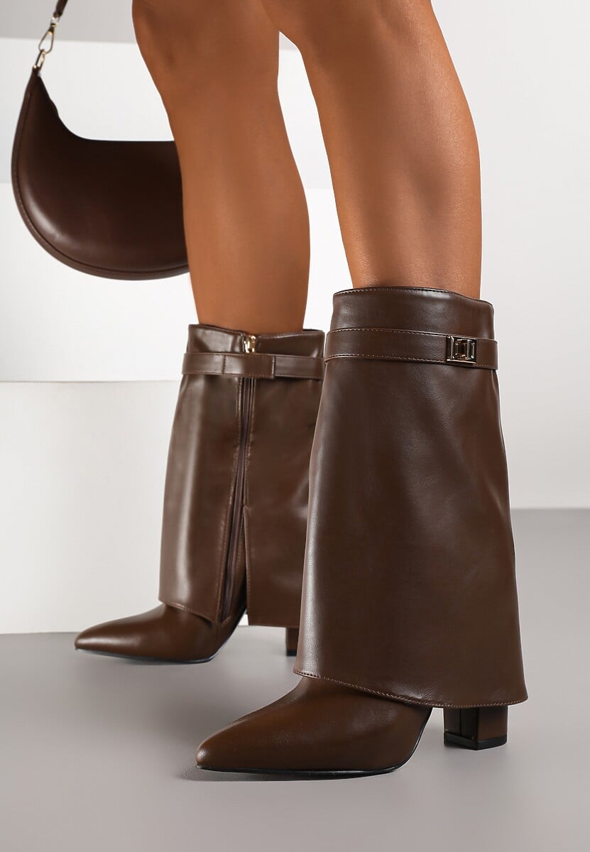Brown folded block heel boots