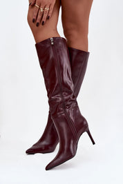 Burgundy boots with a thin heel