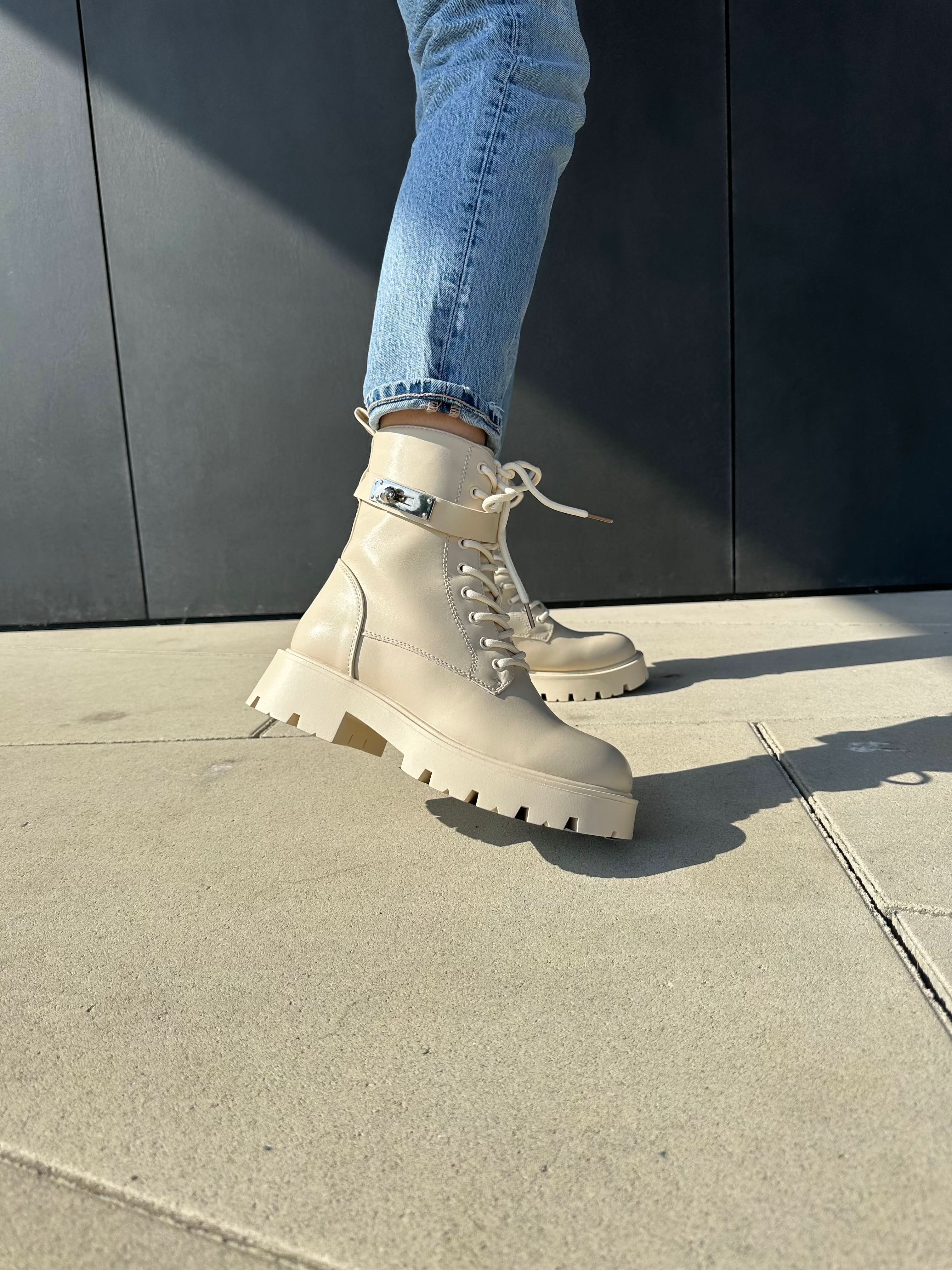 Beige ankle boots with strap