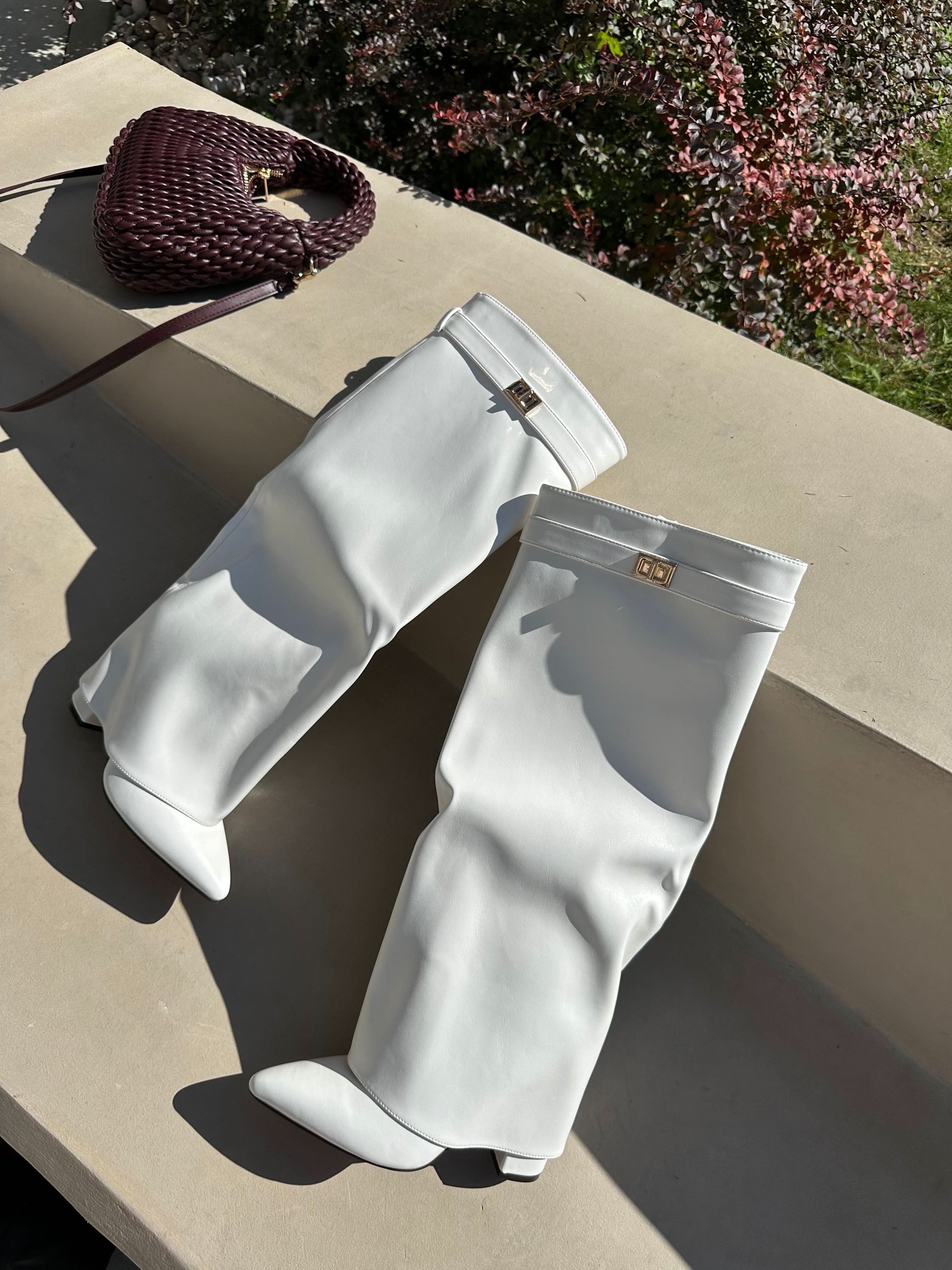 White block heel high boots
