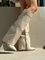 Beige block heel high boots