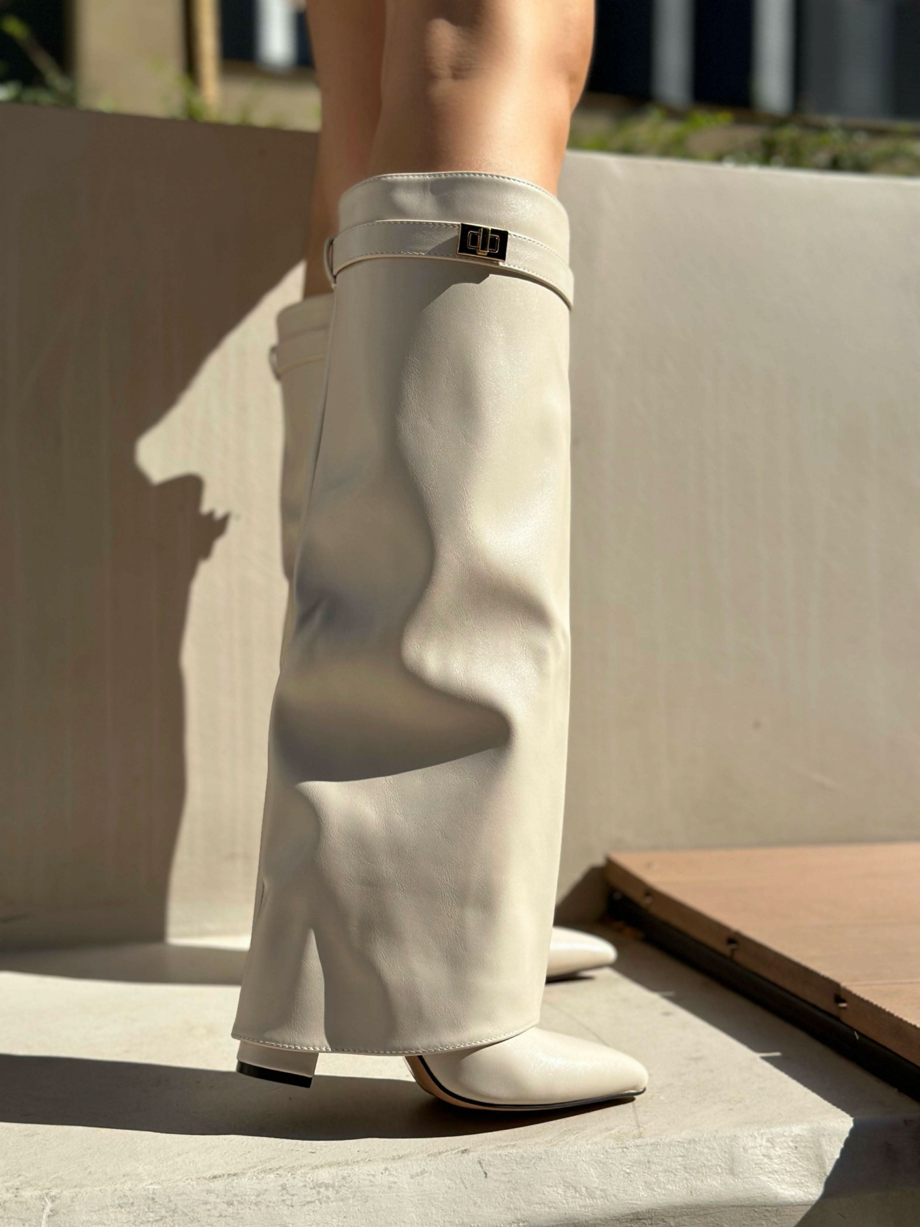 Beige block heel high boots