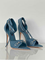 Denim blue sandals with a thin heel