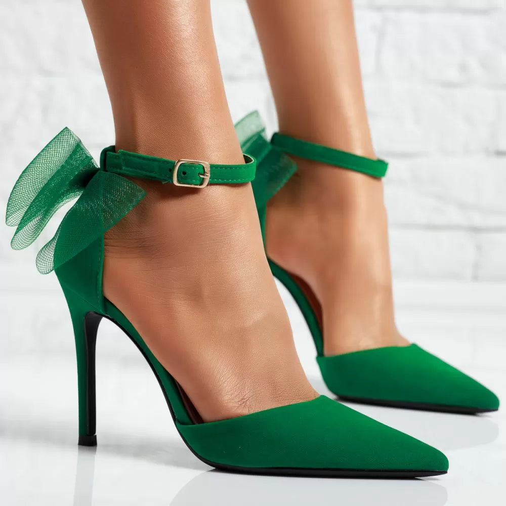 Green stilettos with a thin heel