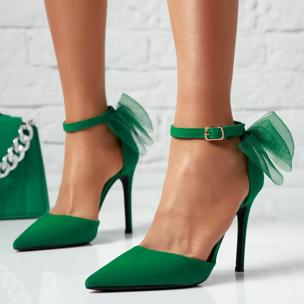 Green stilettos with a thin heel