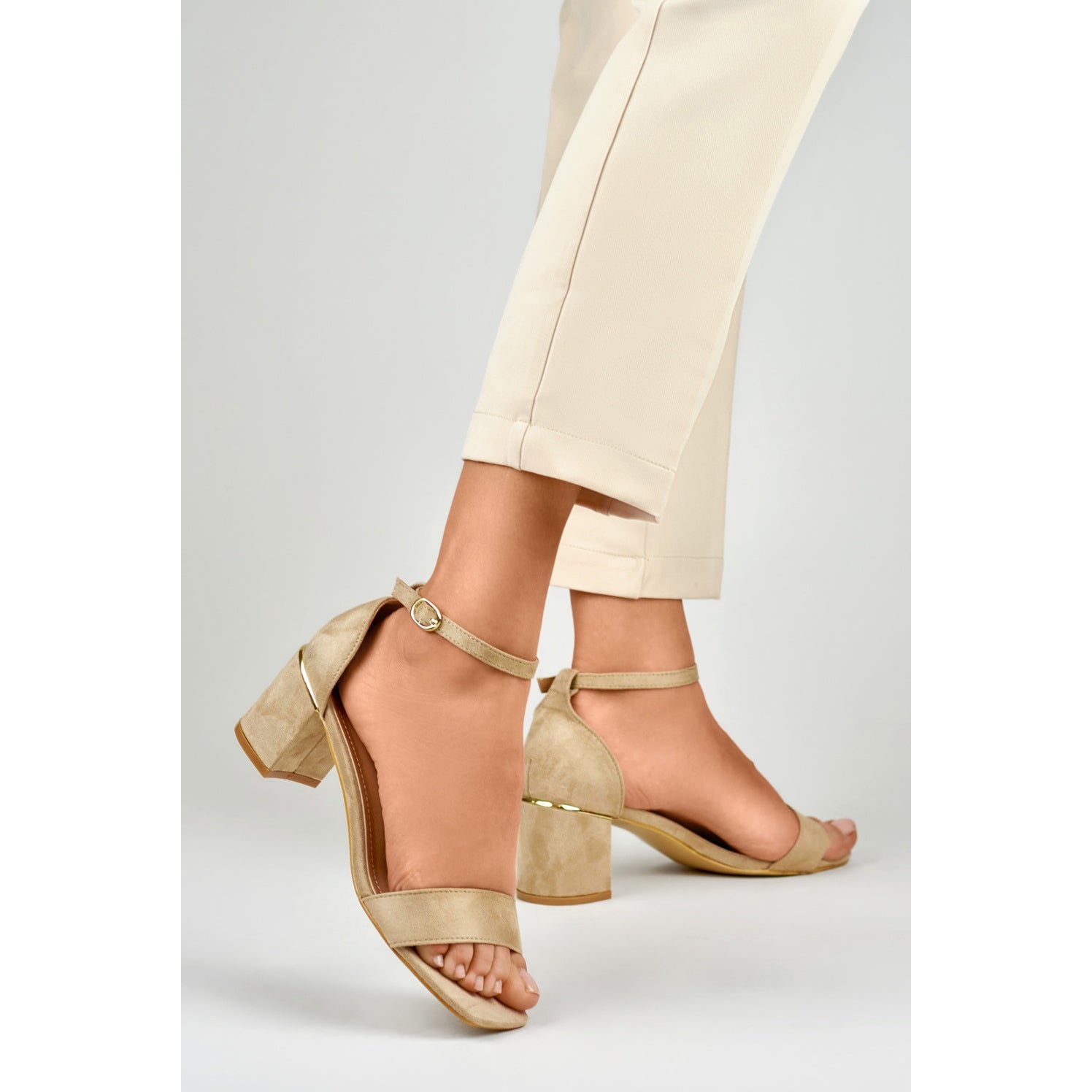 Beige block heel sandals