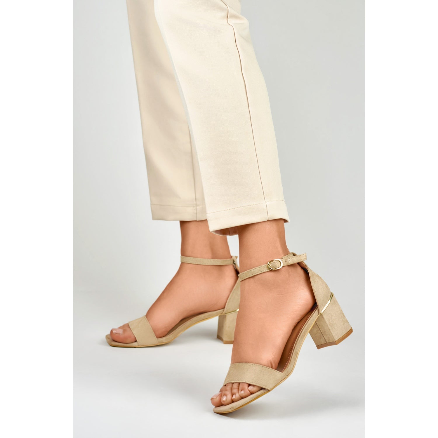 Beige block heel sandals