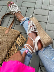 Beige high platform sandals