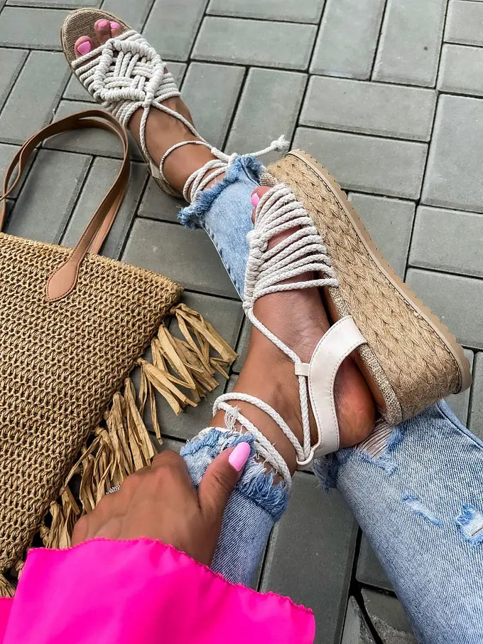 Beige high platform sandals