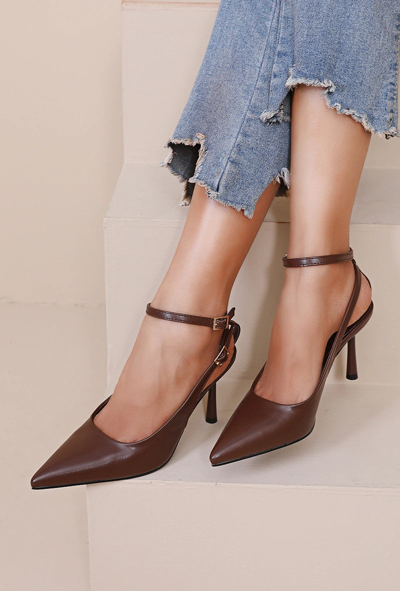 Brown stilettos with a thin heel