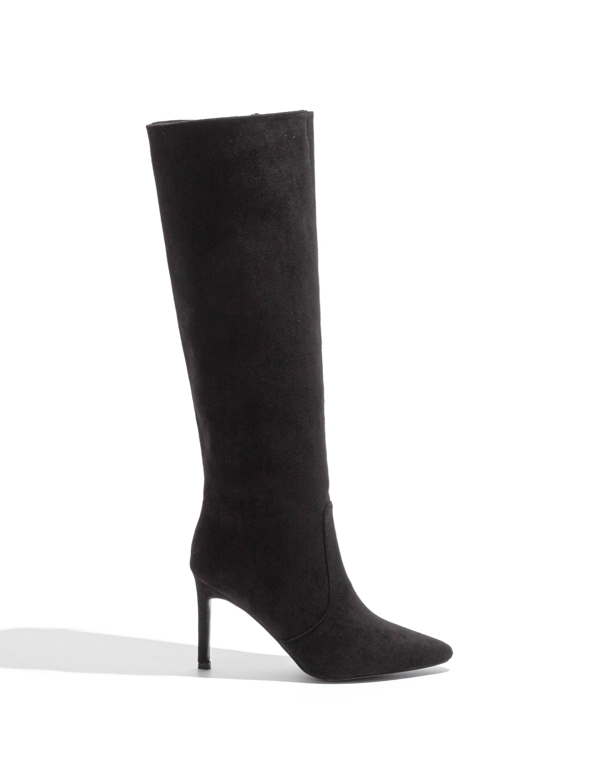 Black polished boots with a thin heel