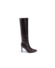 Brown croc boots with a thin heel