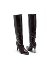 Brown croc boots with a thin heel