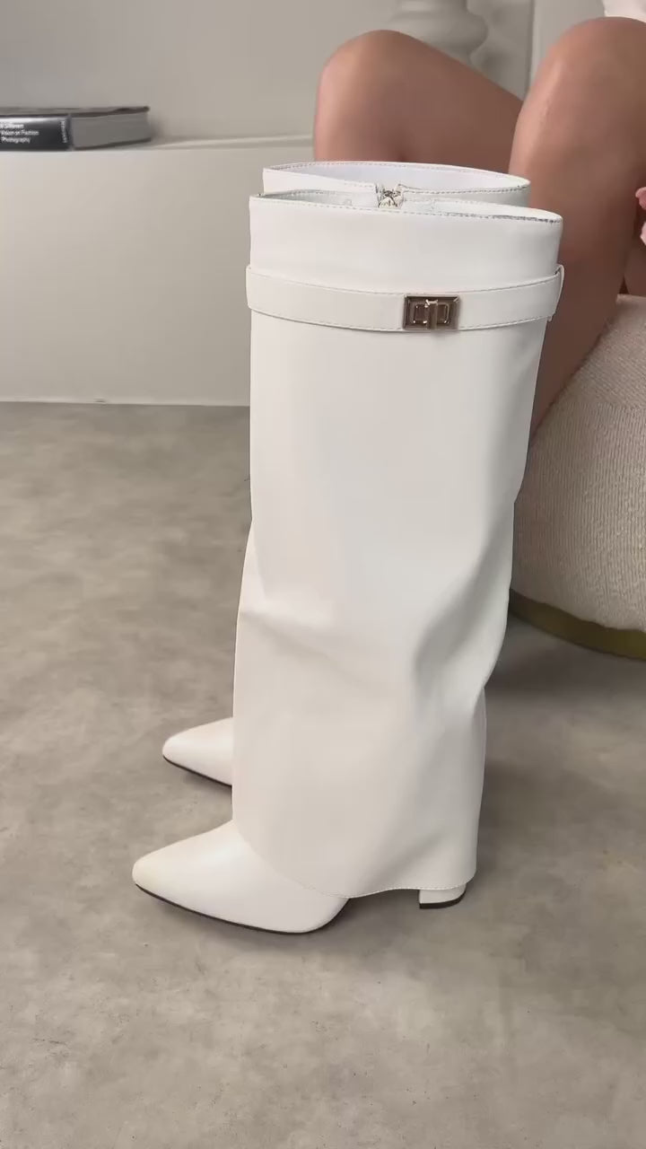 White block heel high boots