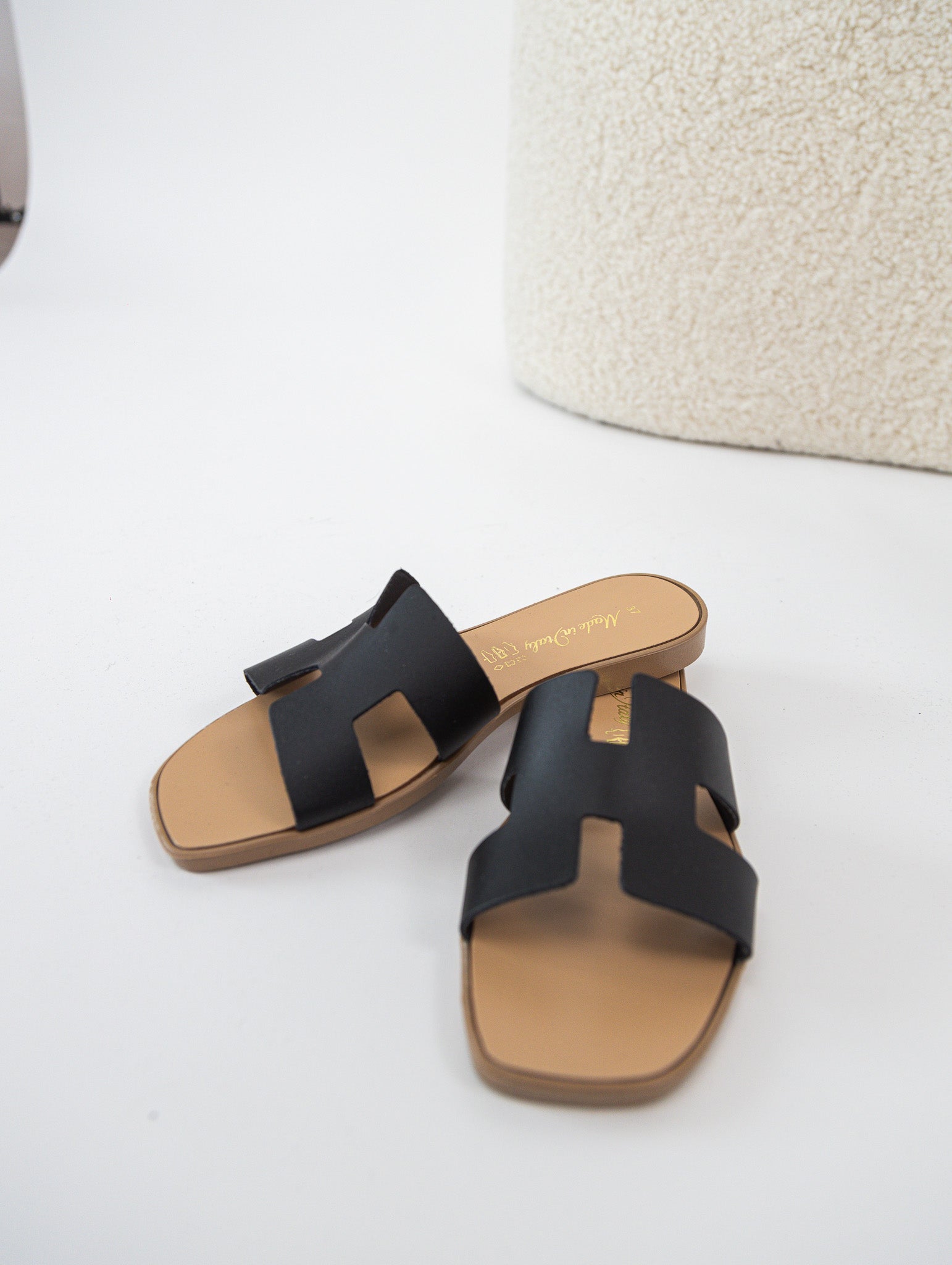 Black genuine leather slippers